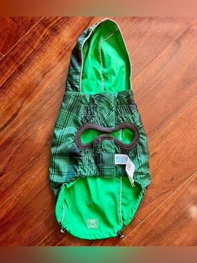 GF Pet Reversible Green Plaid Hooded Dog Raincoat with Leash Access - Size M